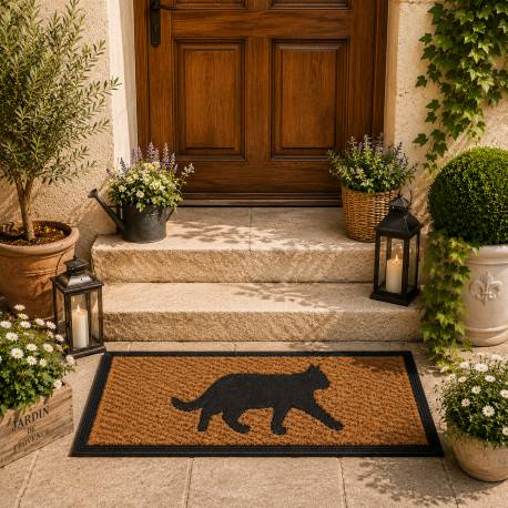 Tapis Gratte Pieds de Forme Rectangulaire ou Paillasson Motifs Chat en Coco et Caoutchouc 1x25x75cm