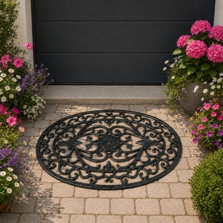 Paillasson en Fonte Tapis d’Entrée Gratte Pied Ovale Patiné Vert Décoration de Jardin Motif Volute 2x40x61cm