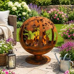 Véritable Braséro Sphérique sur Pied Brasier Rond Motifs Cerf Forêt à Poser Extérieur en Fer Ancien Rouille 58x58x66cm