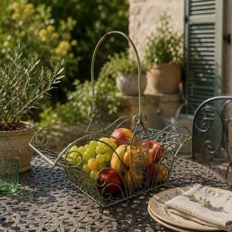 Panier Décoratif GM Acier Patiné Vert Support à Plantes à Anse Porte Plante Forme Evasée 23,5x45x46cm