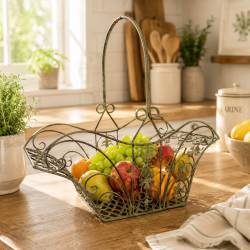 Panier Décoratif MM Acier Patiné Vert Support à Plantes à Anse Porte Plante Forme Evasée 20,5x41x43,5cm