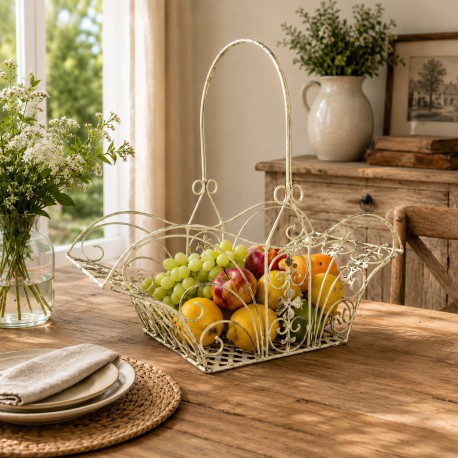 Panier Décoratif MM Acier Patiné Blanc Support à Plantes à Anse Porte Plante Forme Evasée 20,5x41x43,5cm