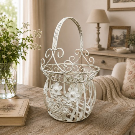 Petite Jardinière Façon Panier Pot de Fleur Bac de Plantation en Acier Blanc 21,5x21,5x33cm