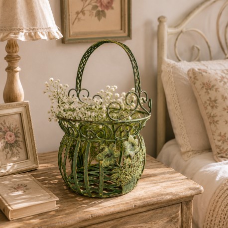 Petite Jardinière Façon Panier Pot de Fleur Bac de Plantation en Métal Vert 21,5x21,5x33cm