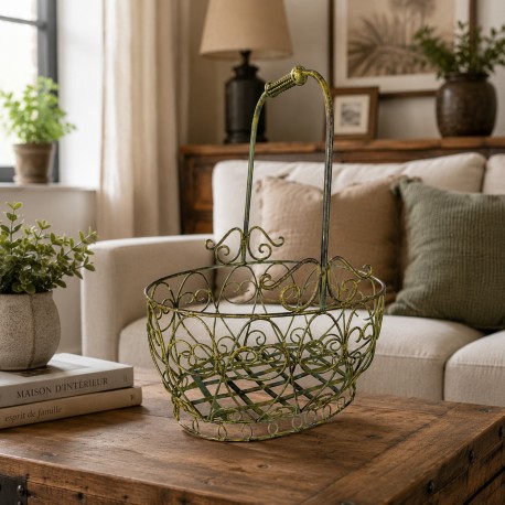 Panier Décoratif GM Acier Patiné Vert Support à Plantes à Anse Porte Plante Forme Ovale 26,5x37,5x48cm