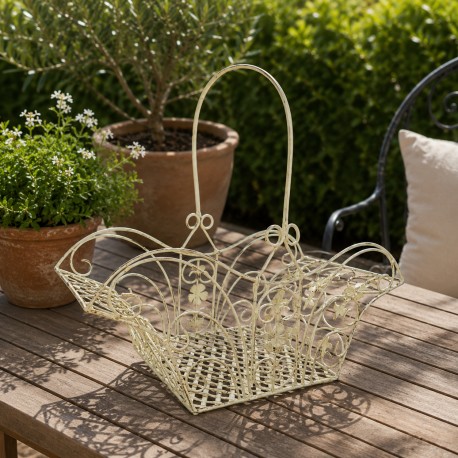 Panier Décoratif GM Acier Patiné Blanc Support à Plantes à Anse Porte Plante Forme Evasée 23,5x45x46cm