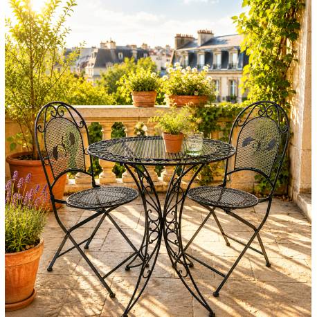 Salon de Jardin 2 Personnes Papillon Salon de Thé Bistrot 1 Table 2 Chaises Pliables en Fer Marron