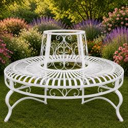 Agréable Banc Circulaire Tour d'Arbre Banquette de Parc en Acier Blanc 77x160x160cm