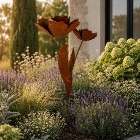 Sculpture Florale GM à Piquer Double Fleur en Acier Oxydé Décoration de Jardin Style Roses 75x75x162cm