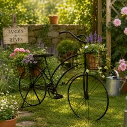 Grand Vélo Porte-Plantes Métal Noir Patiné Marron Bicyclette Décorative Support à Fleurs 46x93x140cm