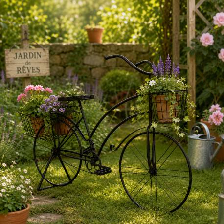 Grand Vélo Porte-Plantes Métal Noir Patiné Marron Bicyclette Décorative Support à Fleurs 46x93x140cm
