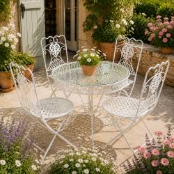 Salon de Jardin Louise 4 Places Mobilier en Verre Acier et Fonte Patiné Blanc Ensemble d’Extérieur de Charme