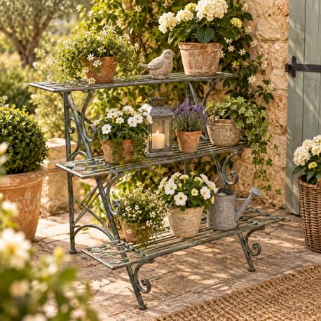 Escabeau en Acier Patiné Vert Porte-plantes Support 3 Niveaux Mobilier de Jardin Décoratif 61x82x90cm