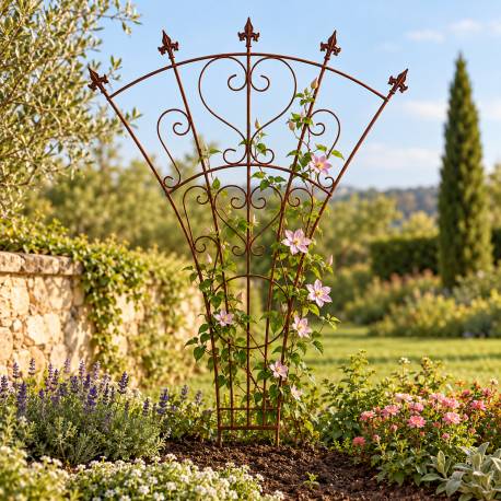 Grand Treillis Evasé Support à Grimpants en Acier Oxydé Grille de Jardin Forme Eventail 1x122x180cm