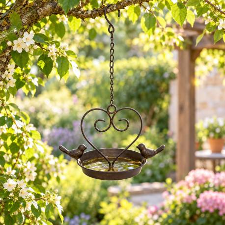 Bain à Oiseau Nichoir Mangeoire Oiseaux Porte Pot ou Plante avec Chainette en Fer Patiné Marron 15x22,5x36cm