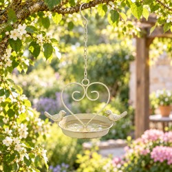 Bain à Oiseau Mangeoire à Oiseaux Nichoir Porte Pot ou Plante avec Chainette en Fer Patiné Blanc 15x22,5x36cm