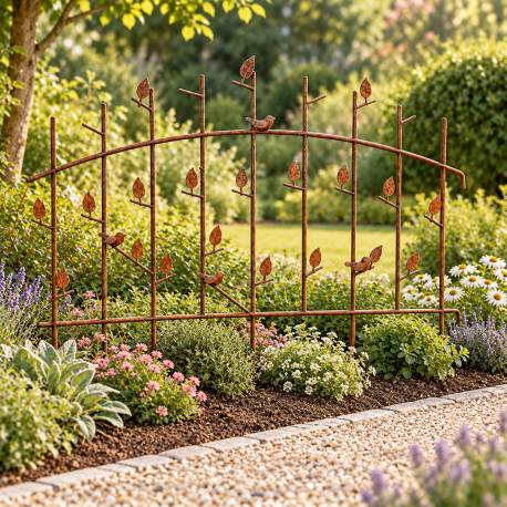 Grand Treillis Décoratif Grille de Jardin en Acier Oxydée Motifs Oiseaux et Feuillage Décoration Champêtre 7x94x124cm