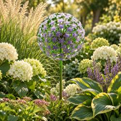 Fleur d'Allium sur Tige Décoration Florale pour Jardin Massif ou Pot de Fleur en Acier Coloré Vert et Bleu-Violet 29x29x140cm