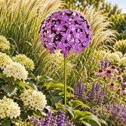 Fleur d'Allium sur Tige Décoration Florale pour Jardin Massif ou Pot de Fleur en Acier Coloré Vert et Violet 20x20x116cm