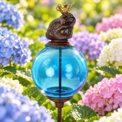 Tuteur Boule Bleu Pic de Jardin Coloré Décoration de Jardin à Planter Motif Grenouille en Fonte et Verre 10x10x117cm