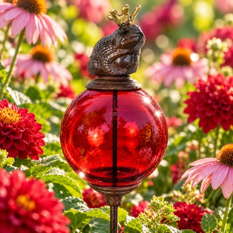 Tuteur Boule Rouge Pic de Jardin Coloré Décoration de Jardin à Planter Motif Grenouille en Fonte et Verre 10x10x117cm