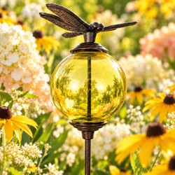 Tuteur Boule Jaune Pic de Jardin Coloré Décoration de Jardin à Planter Motif Libellule en Fonte et Verre 10x10x117cm