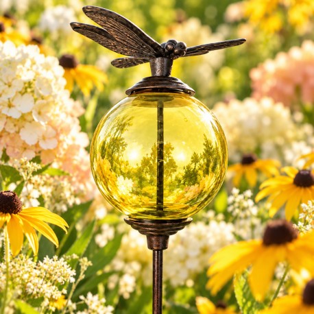 Tuteur Boule Jaune Pic de Jardin Coloré Décoration de Jardin à Planter Motif Libellule en Fonte et Verre 10x10x117cm